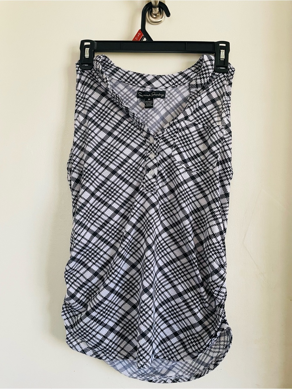 French Laundry Black & White Plaid Sleeveless Henley Blouse